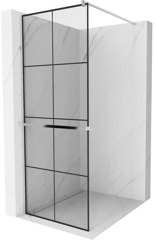 Mexen Kioto+, sprchová zástena s poličkou a držiakom na uteráky 90 x 200 cm, 8mm číre sklo vzor čierny rám, chrómový profil, 800-090-121-01-77