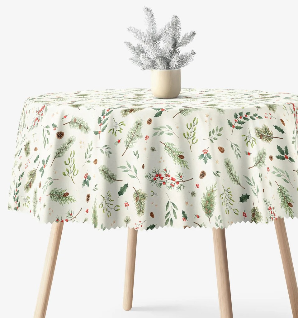 Goldea vianočný okrúhly teflónový obrus - zimné vetvičky Ø 140 cm