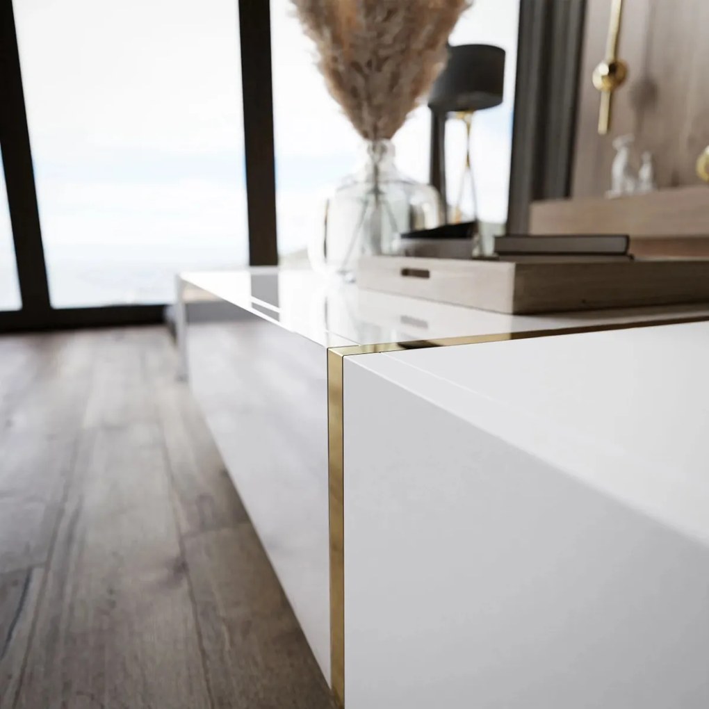 KONFERENČNÝ STOLÍK SANTINO NA NOŽIČKÁCH BIELY VYSOKÝ LESK / ZLATÝ