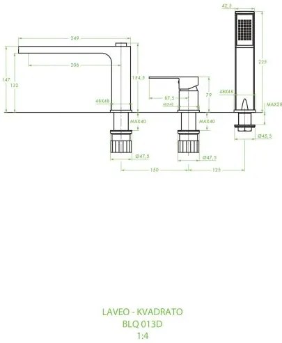 Laveo Kvadrato, vaňová/sprchová batéria na vaňu h-225, chrómová, LAV-BLQ_013D