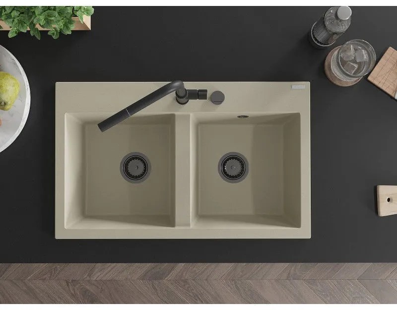 Mexen Hektor, 2-komorový granitový drez 800x480x205 mm, béžová, grafitový sifón, 6521802000-69-B