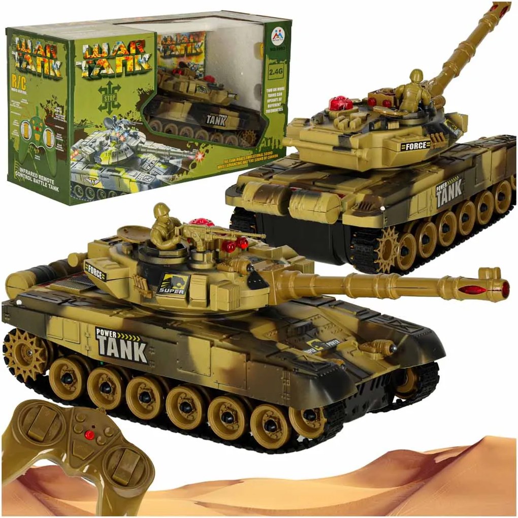 KIK Diaľkovo ovládaný RC vojenský tank 2,4 GHz, púštny, 360° veža, realistické zvuky a LED