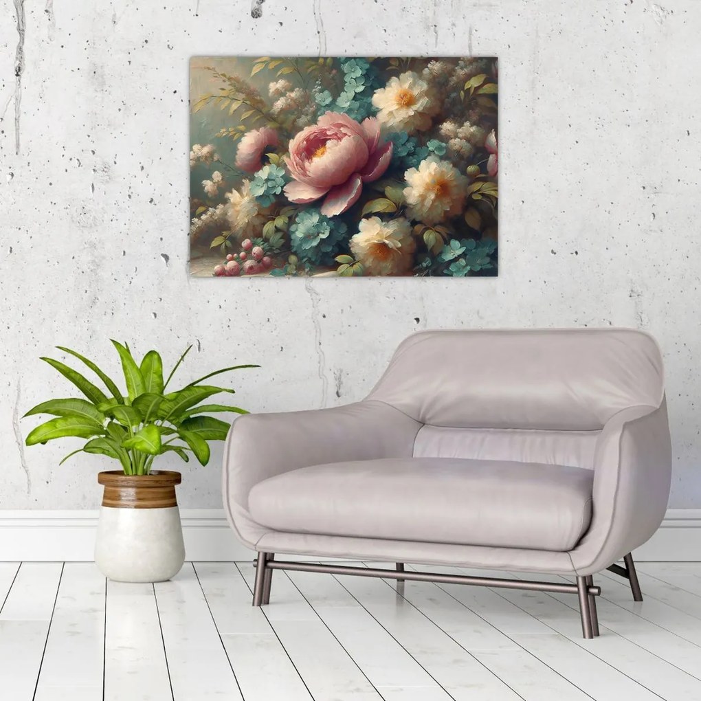 Sklenený obraz - Zátišie s kvetmi - maľba (70x50 cm)
