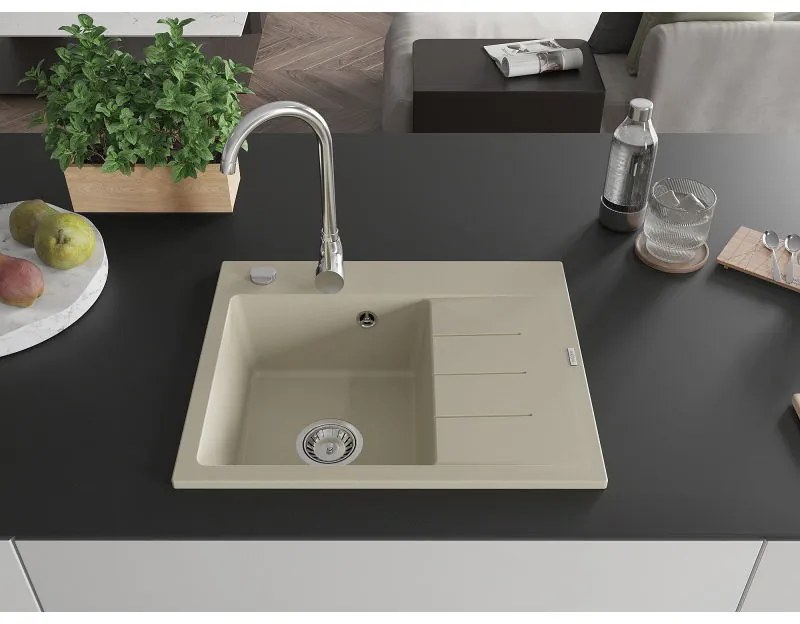 Mexen Ben, 1-komorový granitový drez 600x500x190 mm, ľavý+ chrómový sifón, béžová, 6522605000-69
