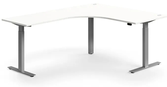 Výškovo nastaviteľný stôl FLEXUS, rohový, 1600x2000 mm, strieborný rám, biela