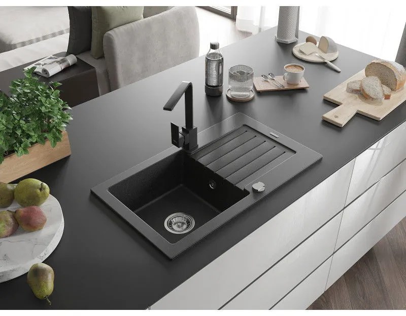 Mexen Pablo, granitový drez 752x436x161 mm, 1-komorový a čierna batéria Rita, čierna-strieborná metalíza, 6510-73-670300-70