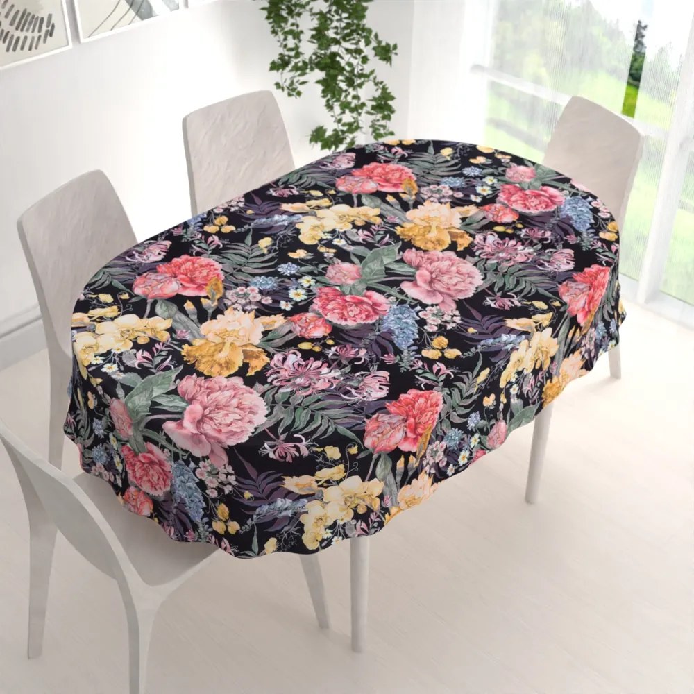 Biante Zamatový oválny obrus Tamara TMR-019 Záhradné kvety na čiernom 140x180 cm
