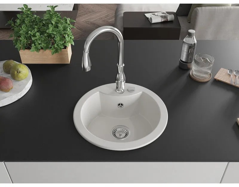 Mexen Diego, 1-komorový granitový drez 488x488x167 mm a drezová batéria Savita, biela, 6512-20-672601-00