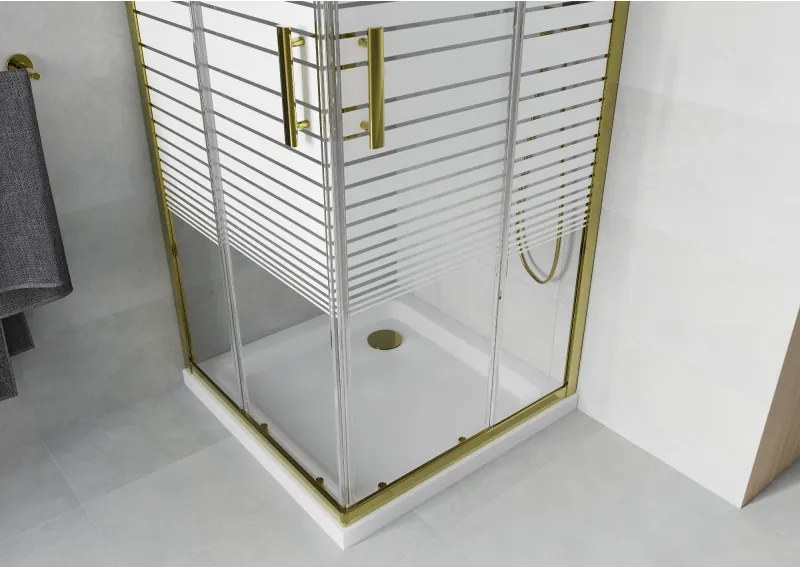 Mexen Rio, štvorcový sprchovací kút s posuvnými dverami 80(dvere) x 80(dvere) x 190 cm, 6mm číre sklo s pásikmi, zlatý profil + biela sprchová vanička SLIM, 860-080-080-50-20-4010G