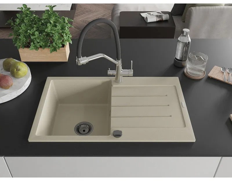 Mexen Bruno, 1-komorový granitový drez 795x495x200 mm a drezová batéria Duo, béžová, 6513-69-671701-07-B