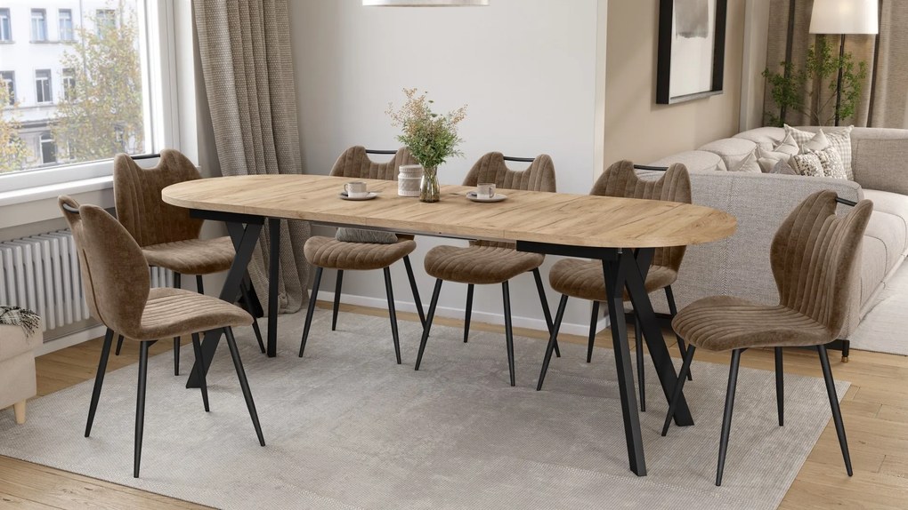 Mazzoni ALMO Dub Craft zlatý / čierne nohy - OVÁLNY ROZKLADACÍ STÔL 140-240 cm PRE 10-12 OSÔB