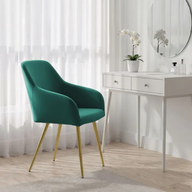 Sada štyroch jedálenských stoličiek ESTELLE zamatové, fľaškovo zelené / zlaté nohy (4 ks)