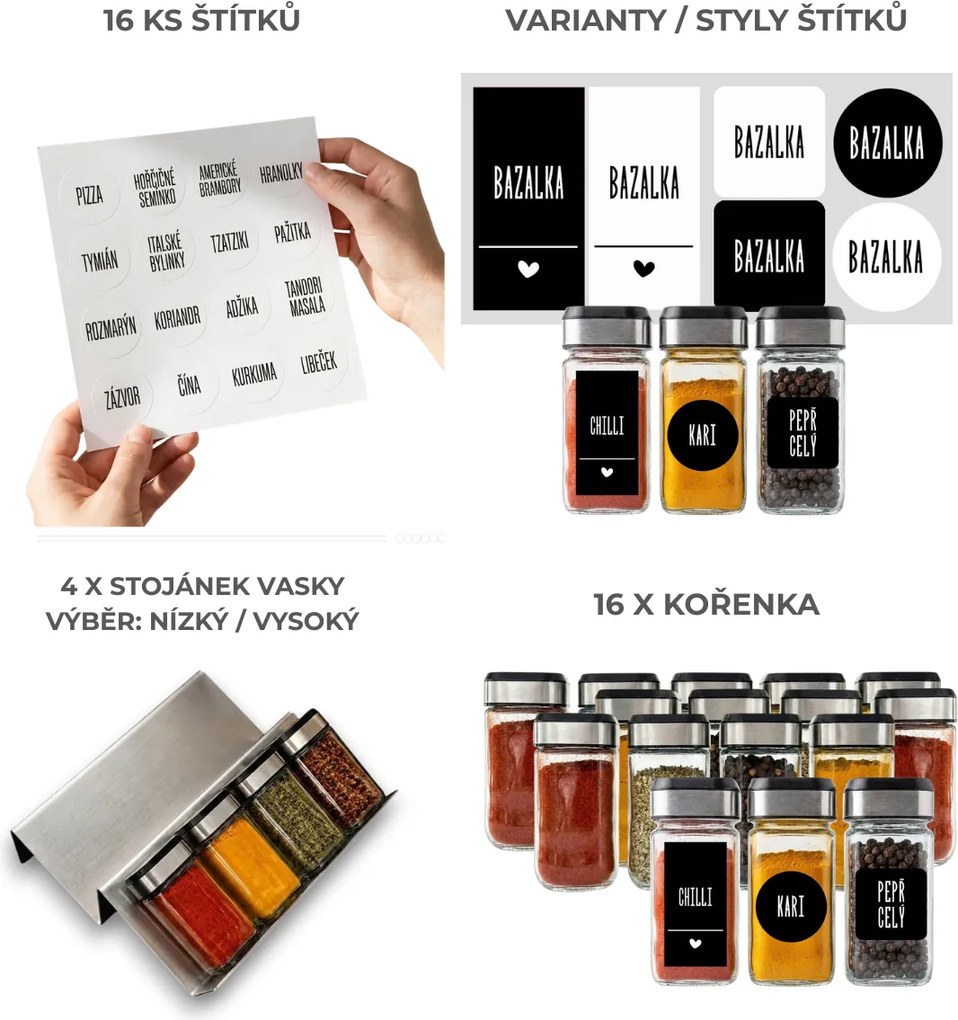 Orion Sada 16ks koreničiek INOX 100ml + 4ks organizér na koreničky VASKY - NEREZ + sada 16ks štítkov