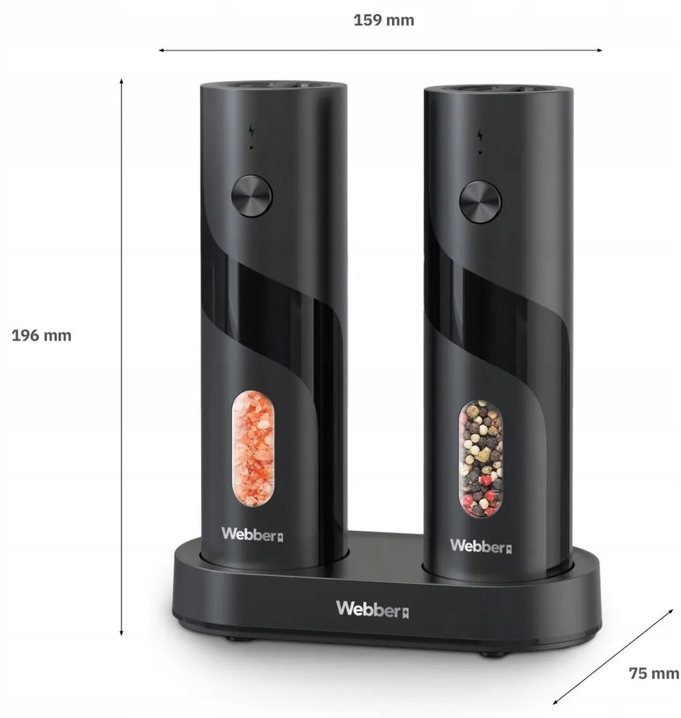 WEBBER Elektrický mlynček na soľ a korenie - dobíjateľný, USB