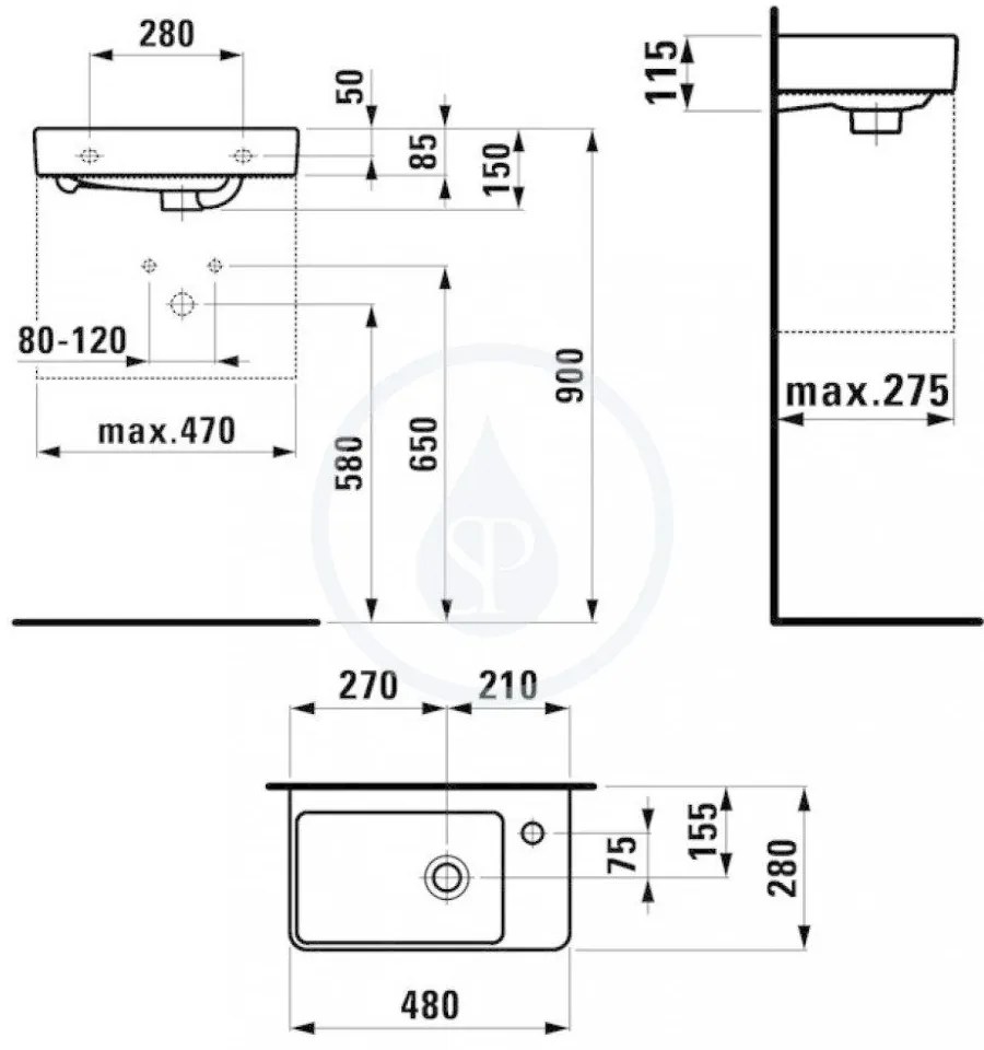 LAUFEN Pro S Umývadielko, 480 mm x 280 mm, 1 otvor na batériu vpravo, s LCC, biela H8159544001041