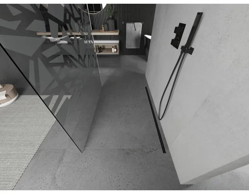 Mexen Kioto, priechodná sprchová zástena 130 x 200 cm, 8mm sklo číre/biely vzor, 2x čierna stabilizačná rozpera, 800-130-002-70-85