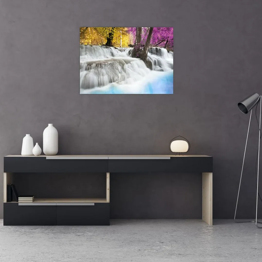 Sklenený obraz Erawan vodopádu v lese (70x50 cm)