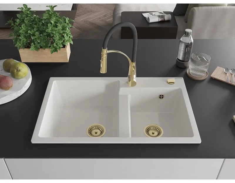 Mexen Tomas, 2-komorový granitový drez 800x500x190 mm a drezová batéria Aster, biela, 6516-20-73450-57-G