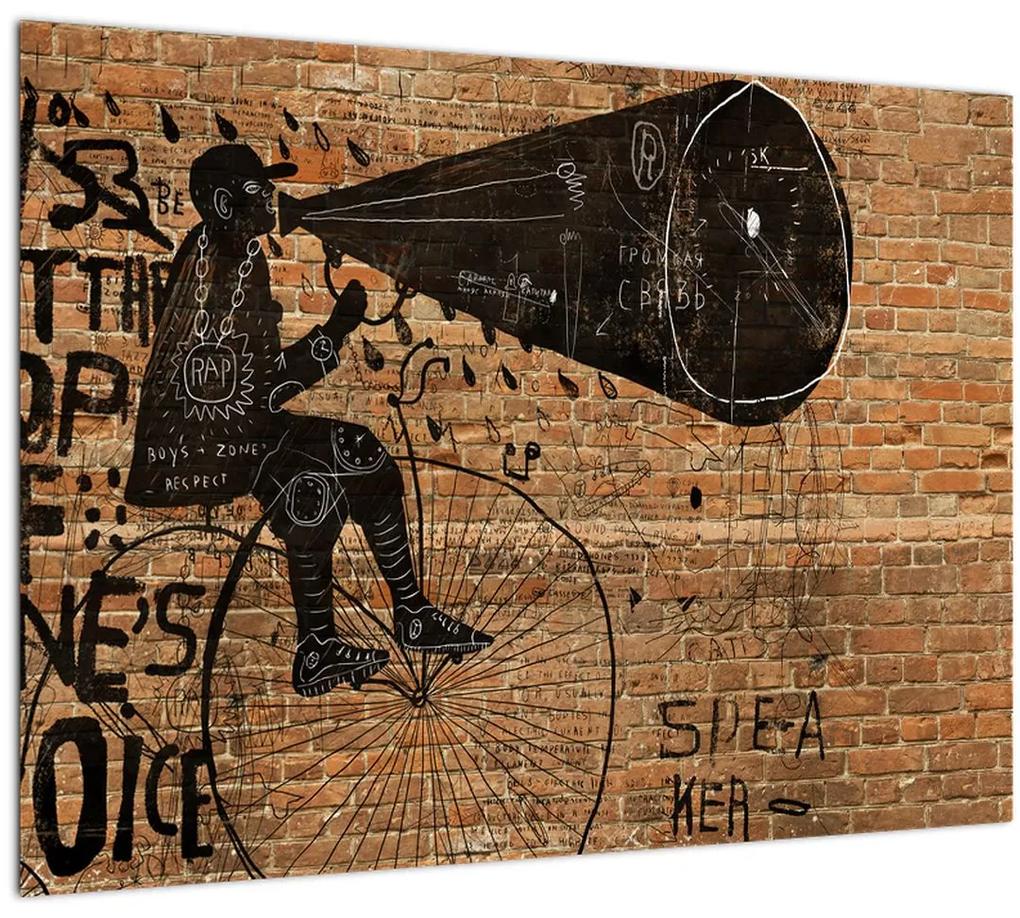 Sklenený obraz - Muž na bicykli v Banksyho štýle (70x50 cm)