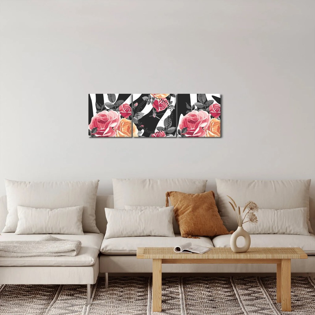 Obraz rozkvitnutých ruží (s hodinami) (90x30 cm)