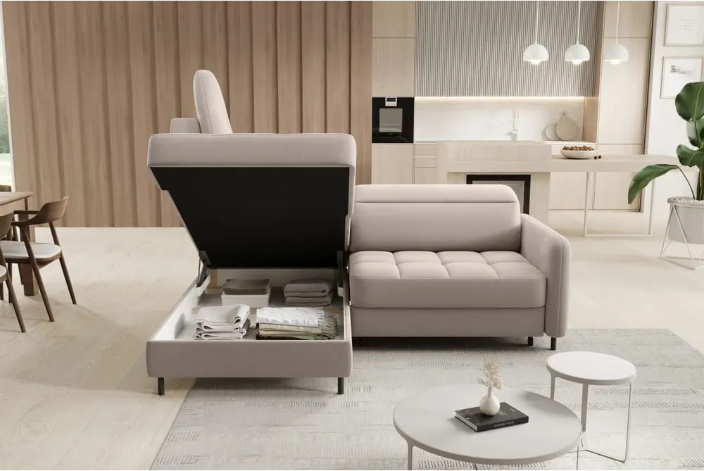 Svetlohnedá zamatová rozkladacia/s úložným priestorom rohová pohovka (ľavý roh/do L) Barea – ELTAP