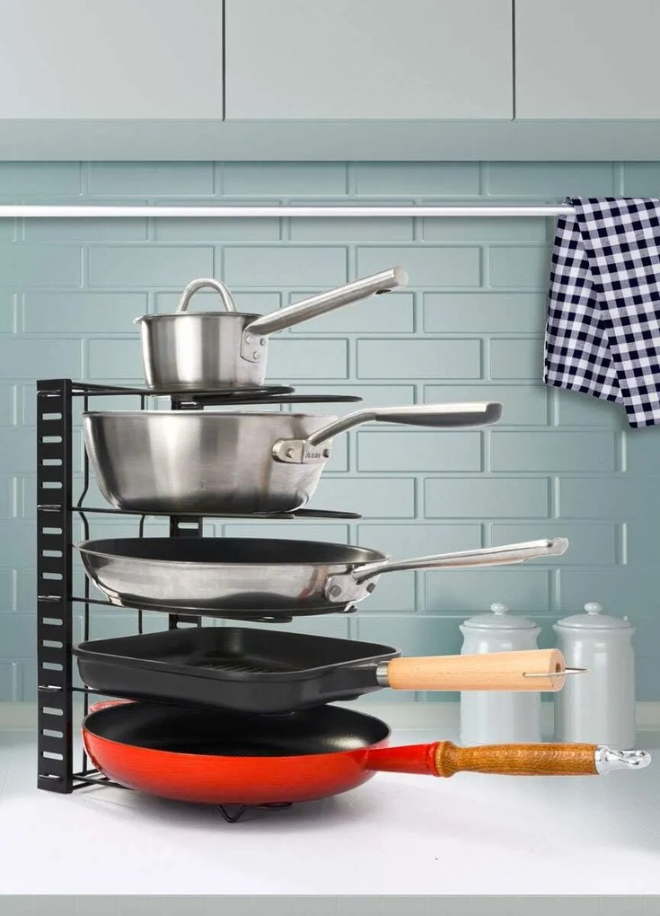 Goodhome Organizér na pokrievky a panvice, čierny, 11 flexibilných priehradiek, nastaviteľná šírka 28 - 57 cm MERLIN