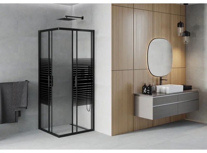 Mexen Rio, štvorcový sprchovací kút s posuvnými dverami 70(dvere) x 70(dvere) x 190 cm, 6mm číre sklo s pásikmi, čierny profil, 860-070-070-70-20