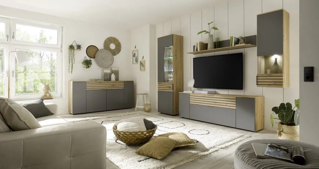 Obývacia stena Milan, dub artisan/sivá, s osvetlením