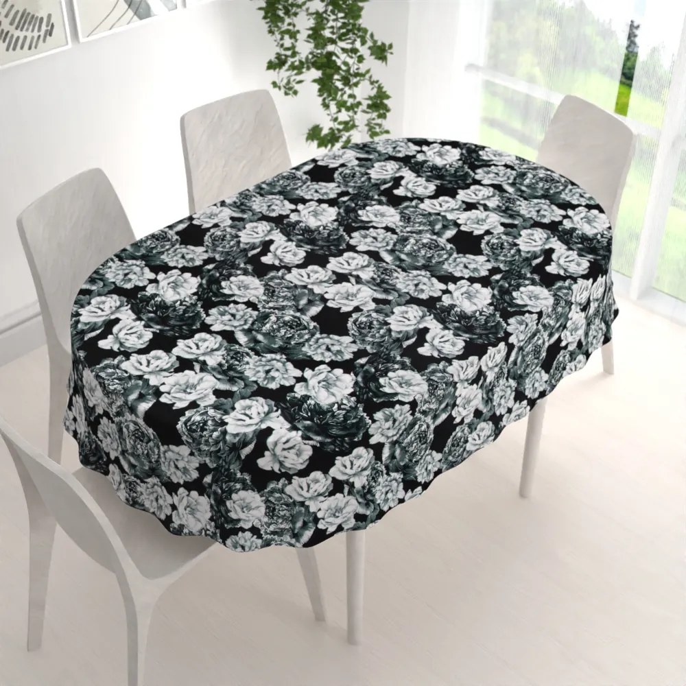 Biante Zamatový oválny obrus Tamara TMR-040 Čierno-biele pivonky na čiernom 60x100 cm