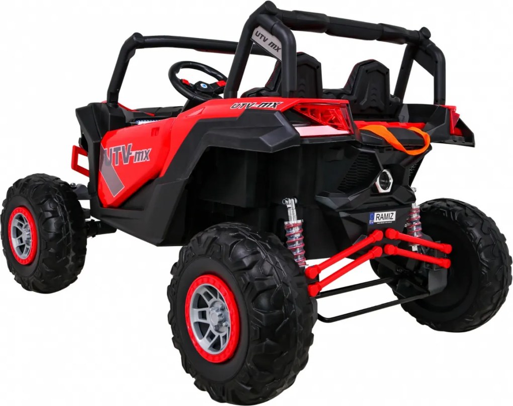 Ramiz UTV-MX batériová bugina pre deti Červená + pohon 4x4 + diaľkové ovládanie + LED zvuk + úložný priestor + EVA + pomalý štart