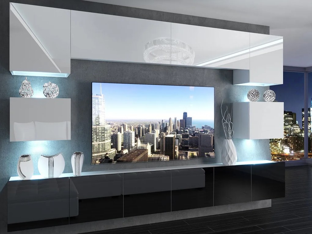 Obývacia stena 300 cm Belini biely lesk / čierny lesk Imperium3 IMP 3/5/W/WB/0/0