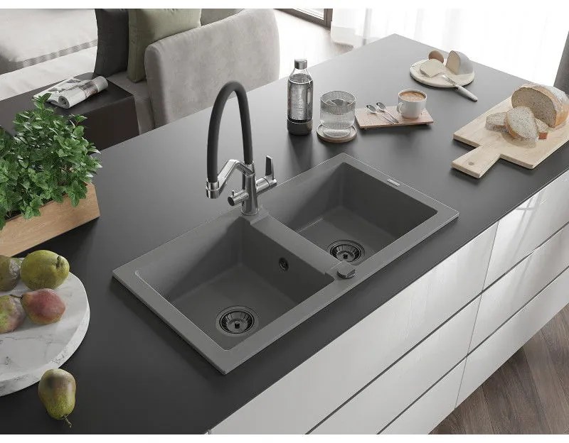 Mexen Mario, granitový drez 820x436x161 mm, 2-komorový a drezová batéria Duo, šedá, 6504-71-671701-07-B