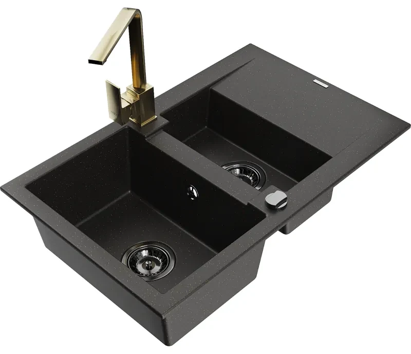 Mexen Gaspar, granitový drez 737x475x177 mm, 1,5-komorový a zlatá batéria Rita, čierna-zlatá metalíza, 6507-75-670300-50-B