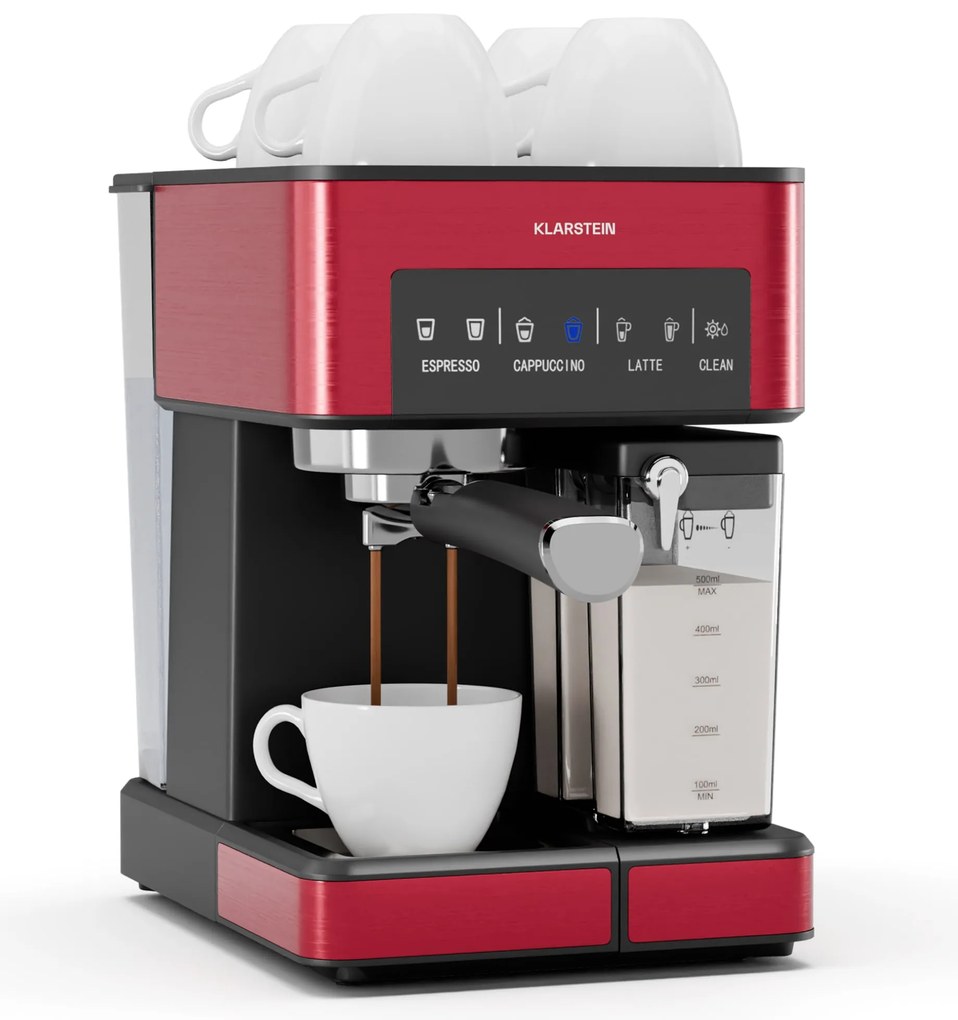 Klarstein 1,8 l kávovar s napeňovačom mlieka, 20 barový pákový kávovar, malý kávovar na mletú kávu s výkonom 1350 W, baristický kávovar na ľadovú kávu cappuccino latte espresso