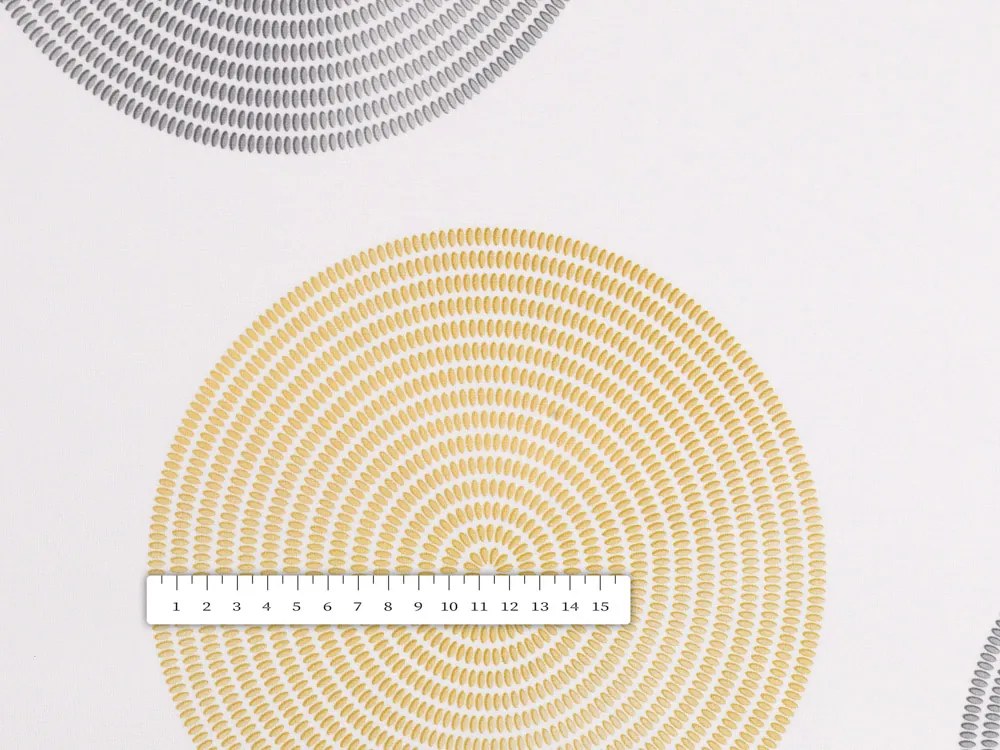 Biante Zamatový behúň na stôl Tamara TMR-023 Žlté a sivé designové kruhy na smotanovom 35x160 cm