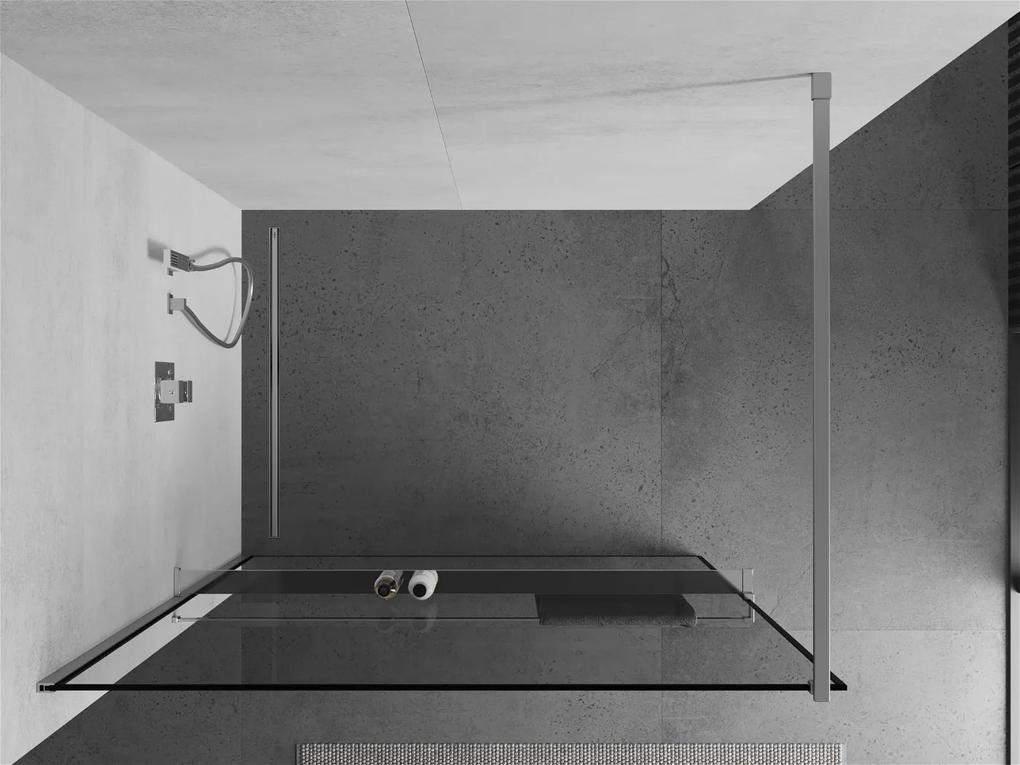 Mexen Kioto+, sprchová zástena s poličkou a držiakom na uteráky 90 x 200 cm, 8mm číre sklo vzor čierny rám, chrómový profil, 800-090-121-01-70