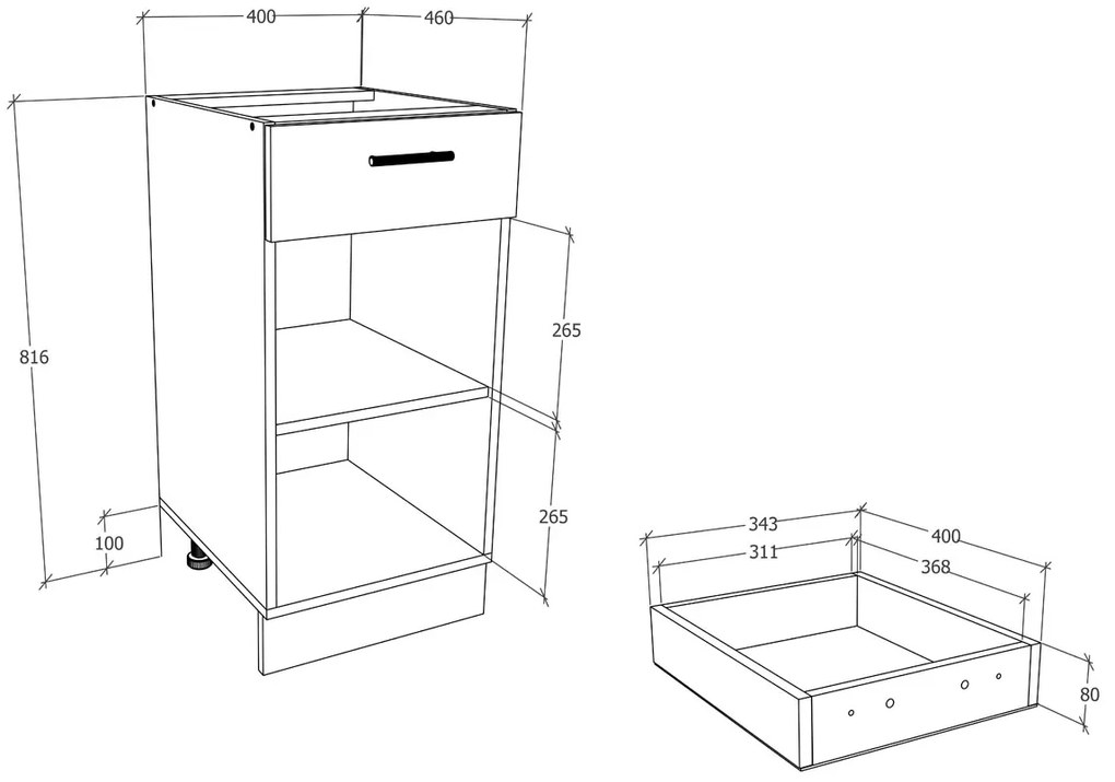 VCM Dolná kuchynská skrinka Esilo, 40 cm, 1 dvierka a 1 zásuvka, biela