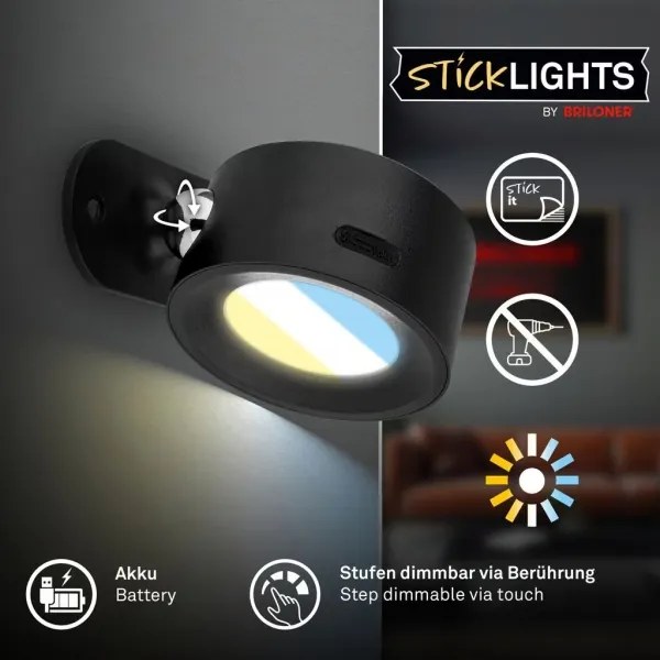 Briloner 3896015 - zatemnjujoča polnilna stenska LED-svetilka LED/1,6W/5V 1500 mAh črna