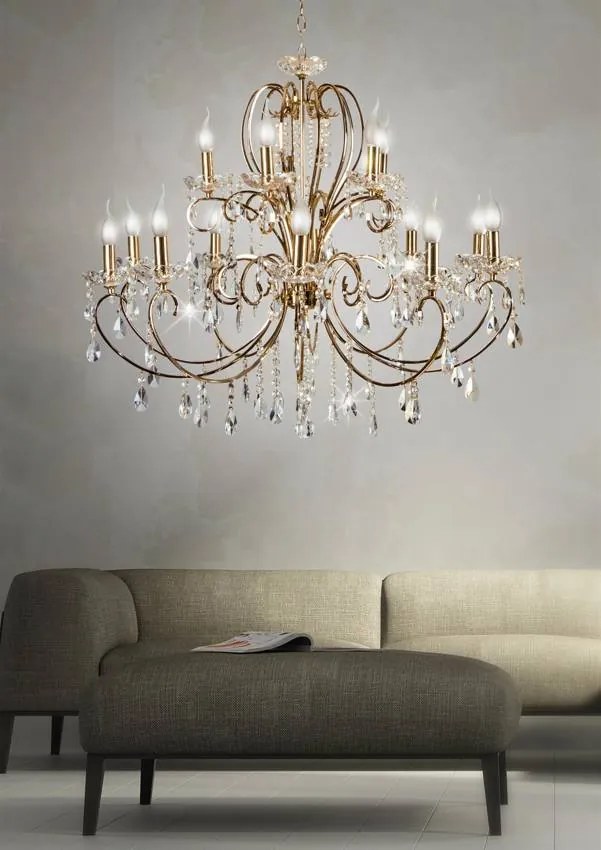 Candellux Zlatý krištáľový luster Aurora pre žiarovku 15x E14 30-99801