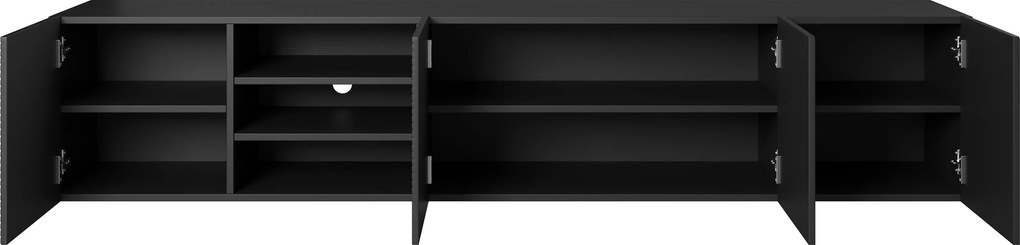 Závesný TV stolík Asha 200 cm s 3 otvorenými policami - čierny mat