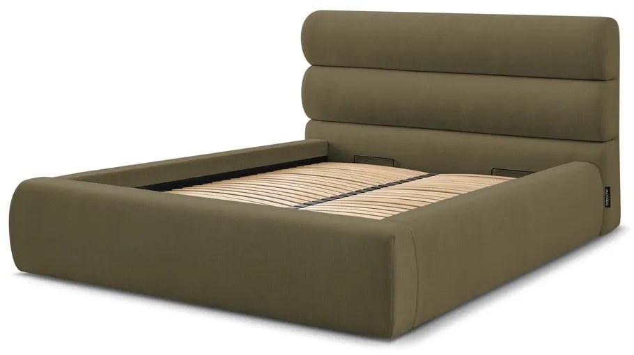 Tmavozelená čalúnená dvojlôžková posteľ s úložným priestorom s roštom 160x200 cm Jagna – Bobochic Paris