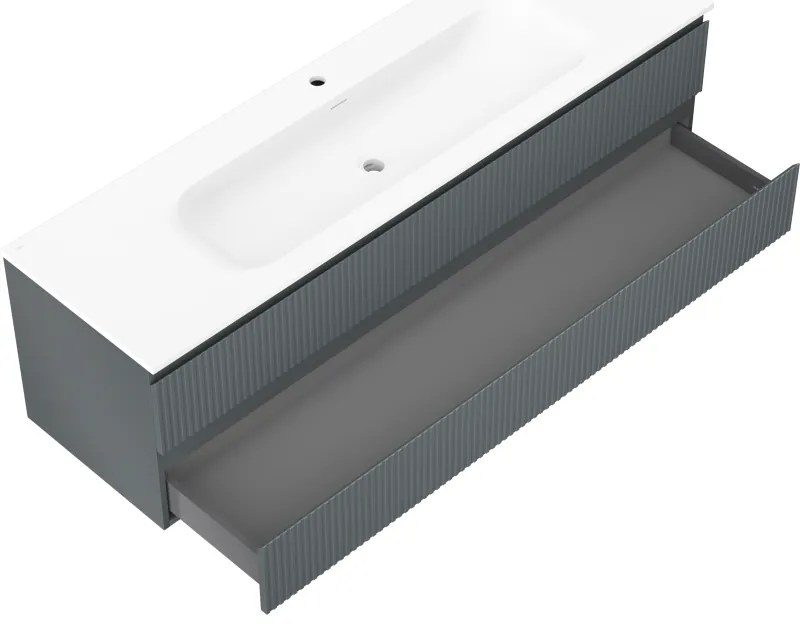 Mexen Rivel, kúpeľňová skrinka 160 cm s umývadlom Vela, 2 zásuvky, drážkovaná, grafitová matná/biela matná, 91A20-16047-2-BFF66-W23M