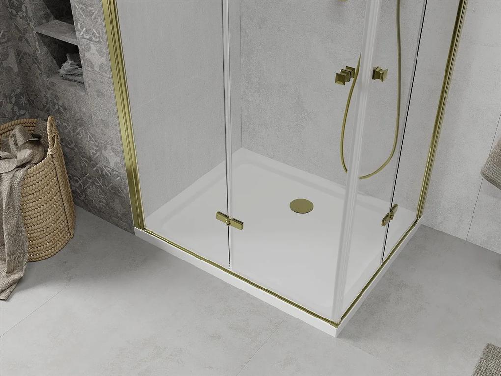 Mexen Lima Duo, sprchový kút so skladacími dverami 90 (dvere) x 80 (dvere) cm, 6mm číre sklo, zlatý profil + slim sprchová vanička biela + zlatý sifón, 856-090-080-50-02-4010G