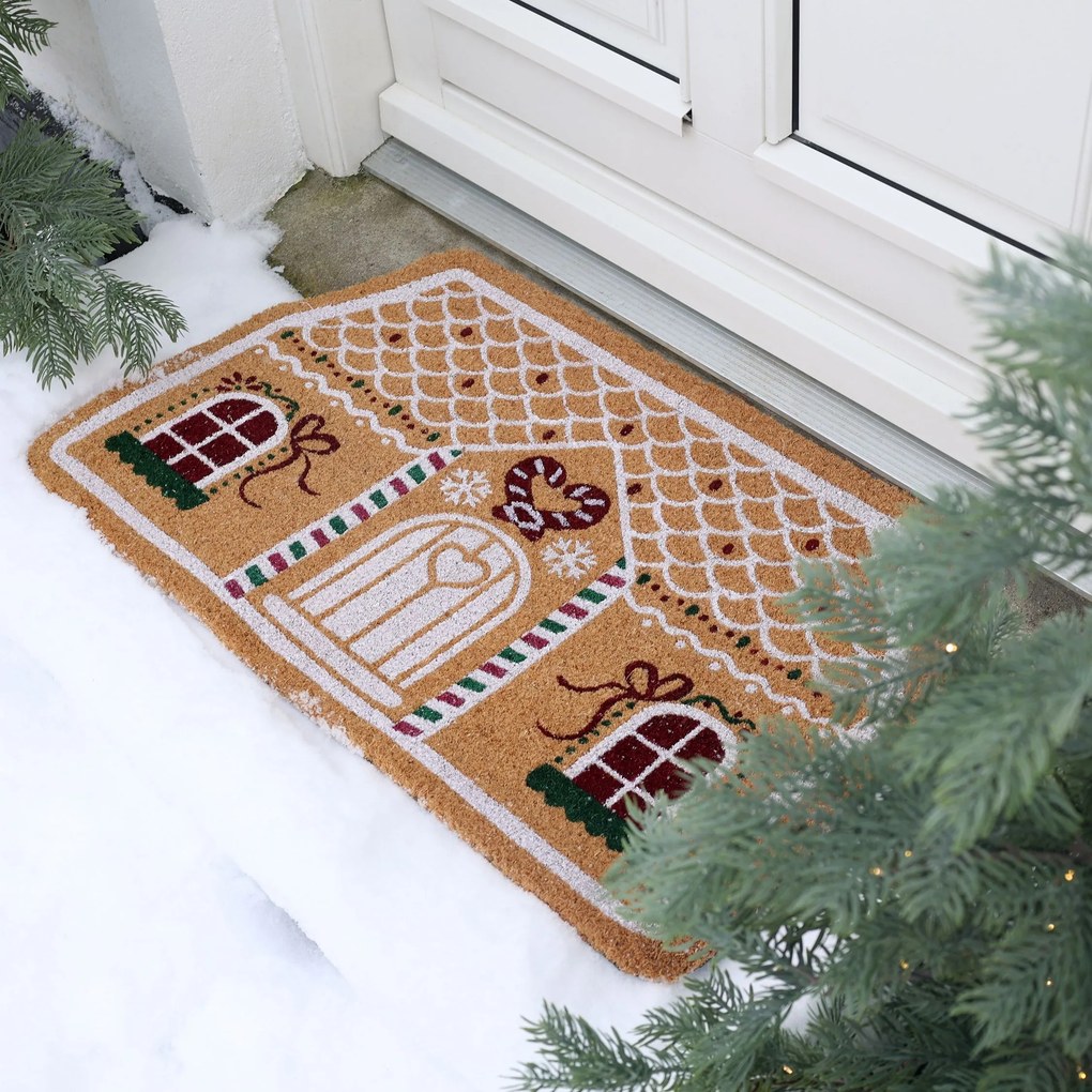 Hnedá kokosová rohožka perníková chalúpka Gingerbread – 75*45*1,5 cm
