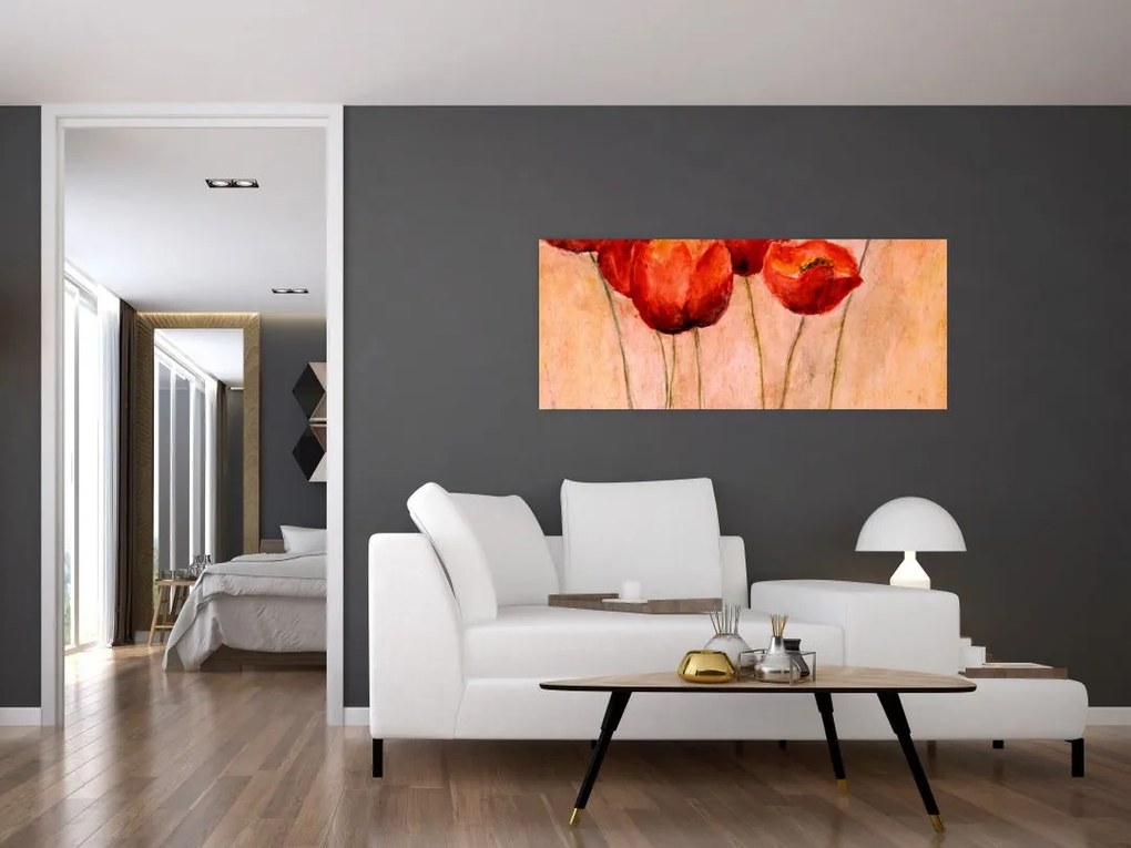 Obraz - Červené tulipány (120x50 cm)