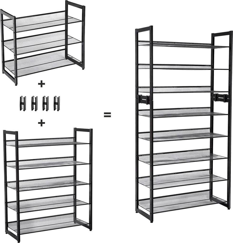Stojan na topánky s 5 policami z kovovej sieťoviny, čierny