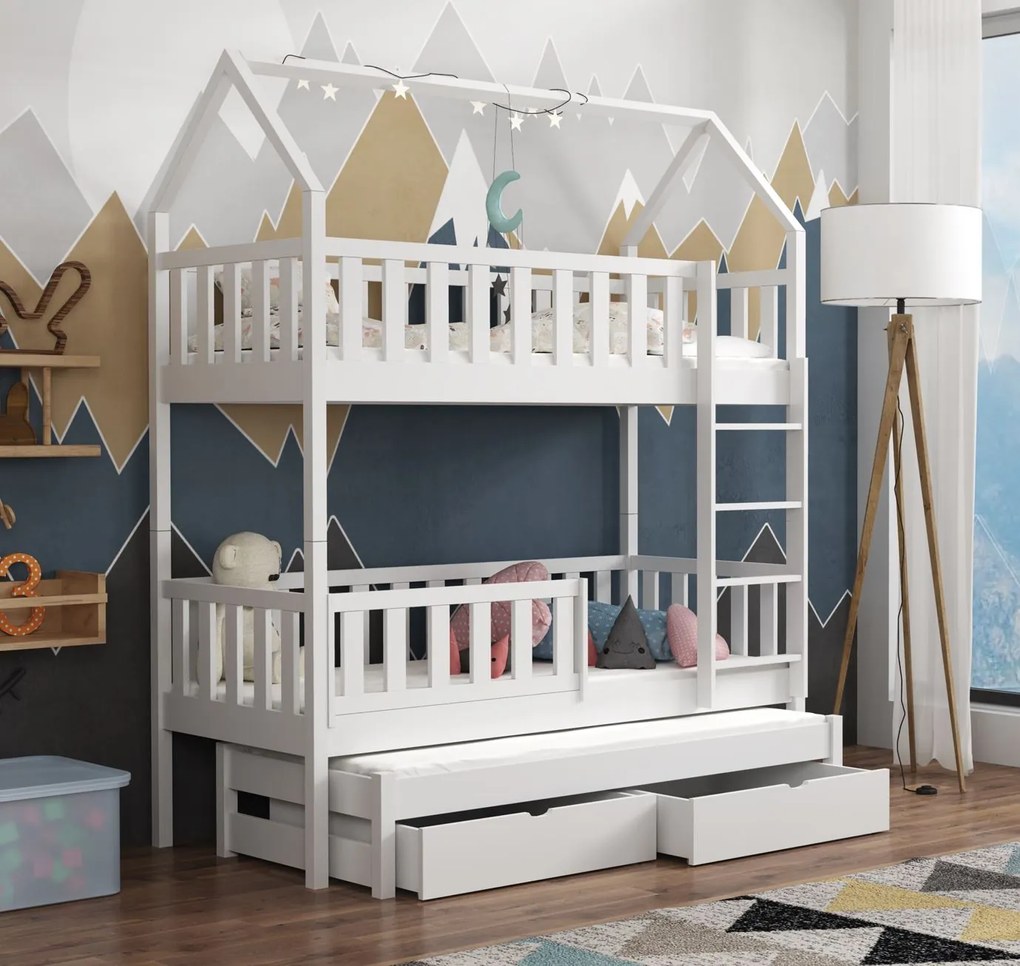 Detská domčeková poschodová posteľ z masívu borovice OTA s prístelkou a šuplíky - 200x90 cm - BIELA