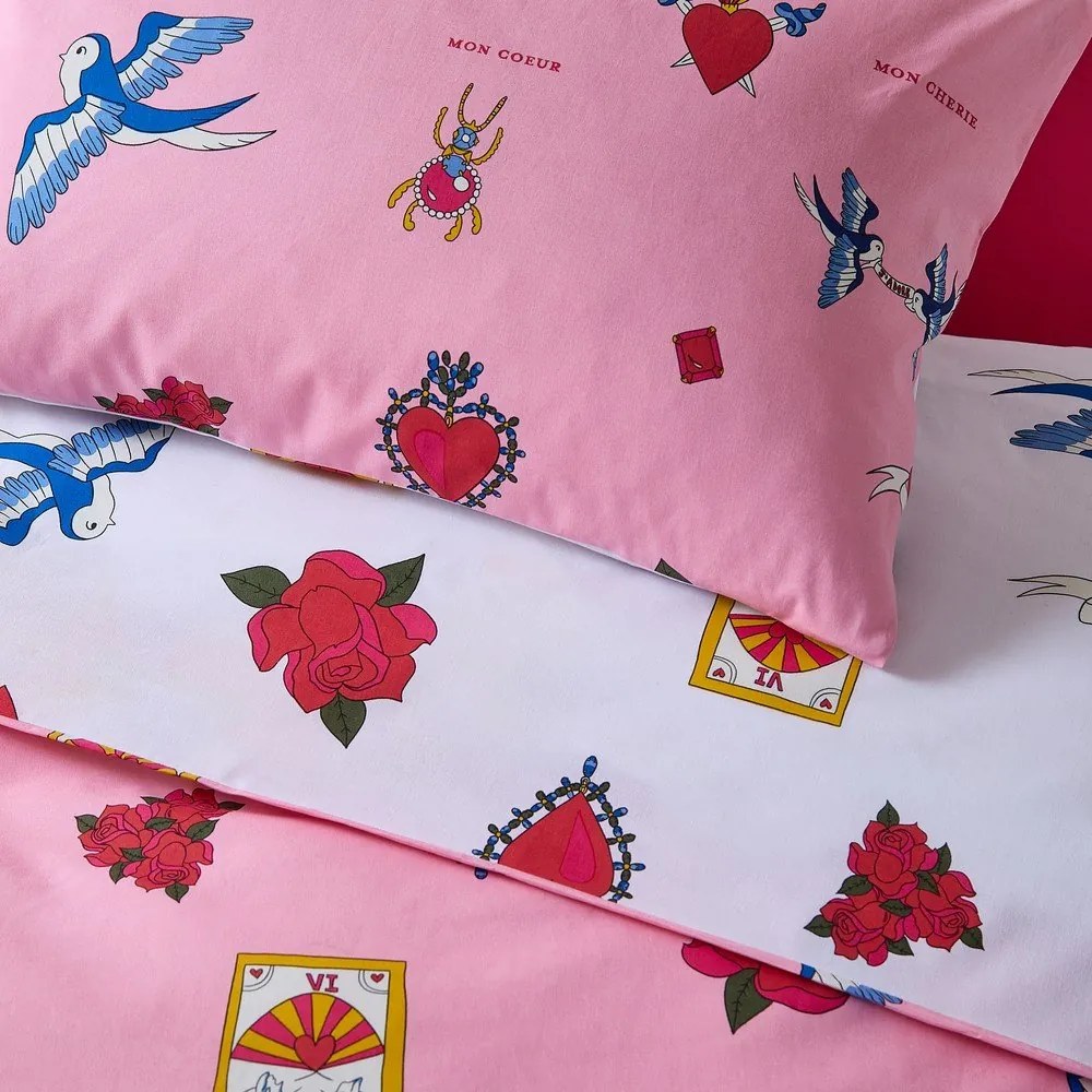 Biele/ružové bavlnené obliečky na jednolôžko 135x200 cm Mon Coeur – Their Nibs