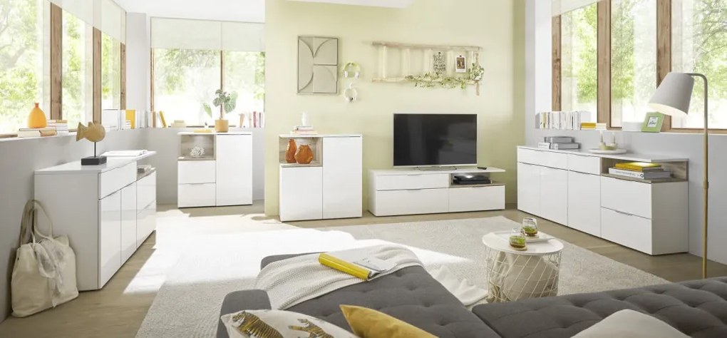 TV skrinka s osvetlením Beatrix, biela lesk/dub viking