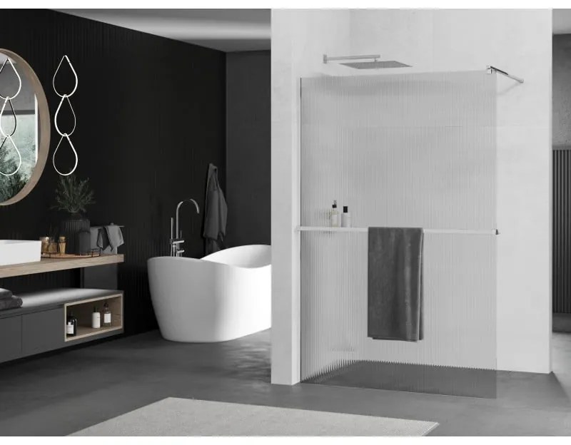 Mexen Kioto, sprchová zástena s poličkou a vešiakom na uteráky 90 x 200 cm, 8mm sklo s rebrovým vzorom, chrómový profil, 800-090-121-01-09